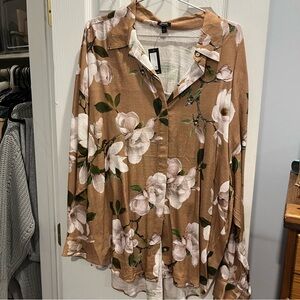 Express Floral Button-Front Blouse in Camel and White